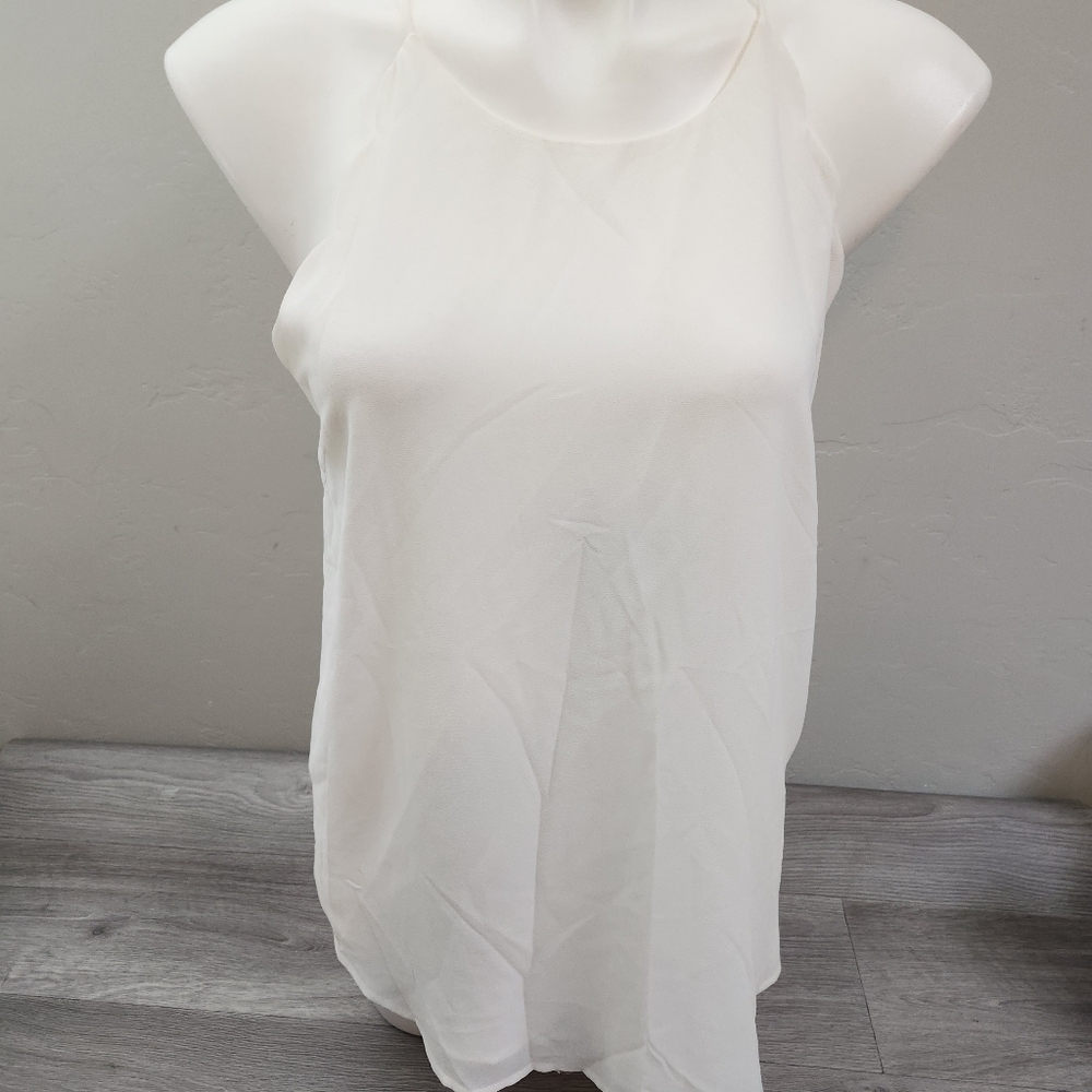 Norah White Top M Layered  Semi Sheer Delicate Thin Straps Round Hems‎